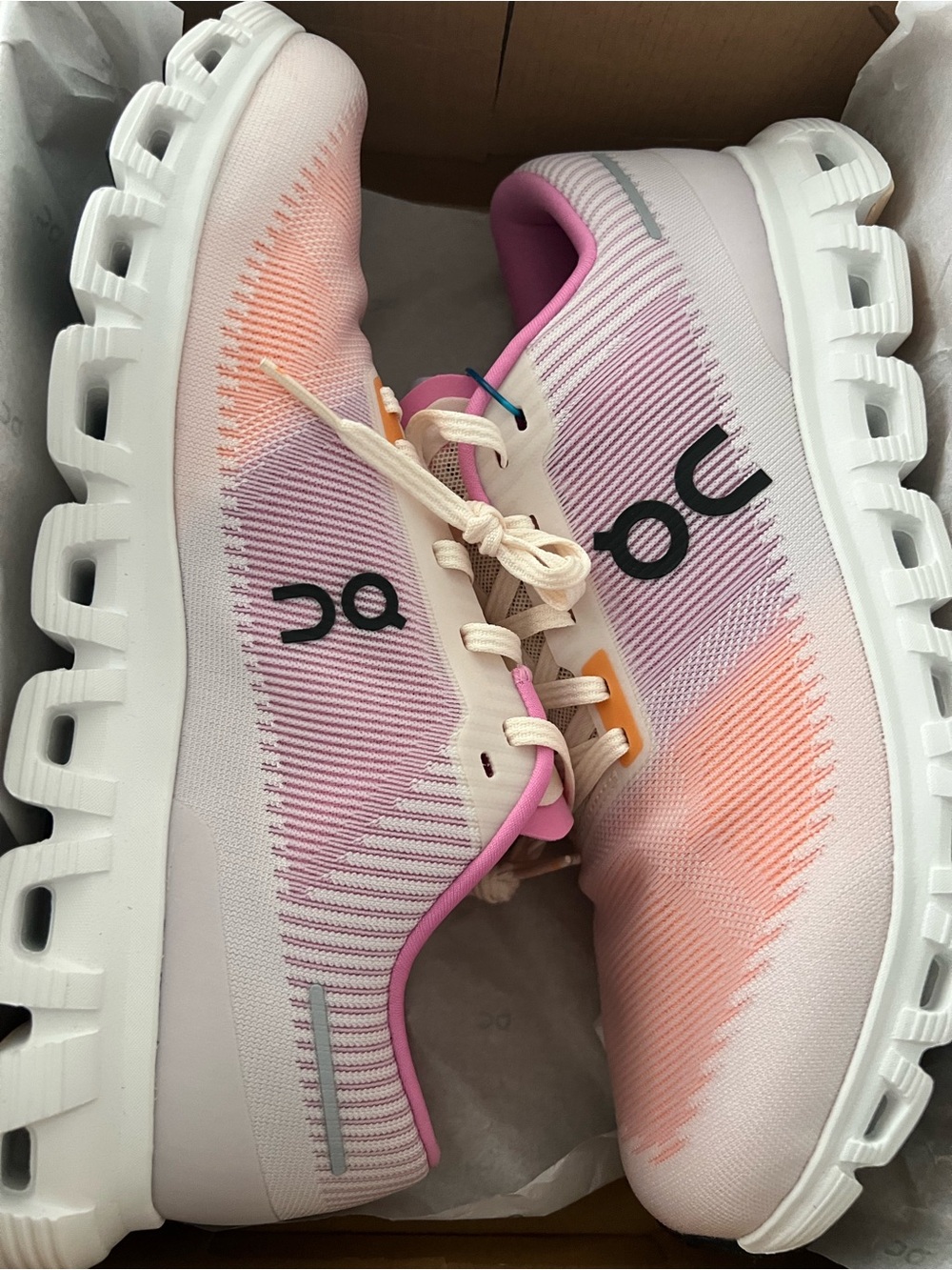 On Cloud Running Women's Athletic Shoes in Pink, Peach and White